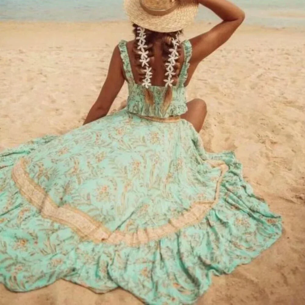 Spell High Low Skirt in Aqua and Beige - Picture 2 of 16